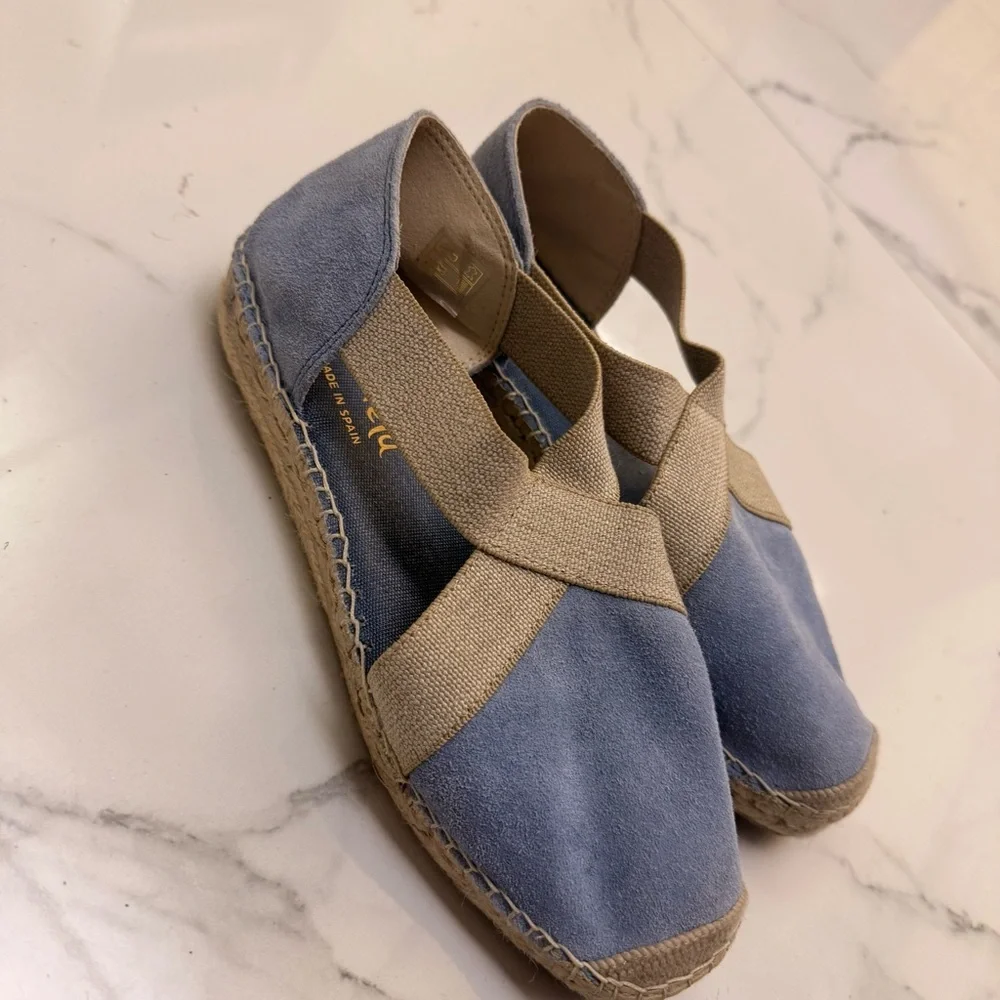 Vidorreta Blue Suede Espadrille Flats with Natural Elastic Cross Size 37